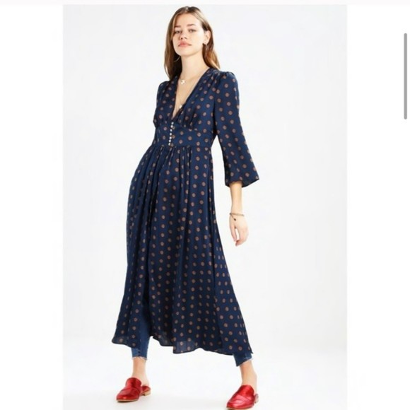 Free People Dresses & Skirts - FREE PEOPLE Alexa Navy Blue Long Pattern Duster/Dress Size Small EUC $128 MSRP